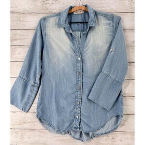 Bella Dahl Top Women's XS Blue Chambray Tencel Hi-Low Button Up Roll-Tab Sleeve